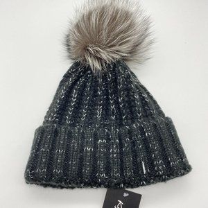 Kyi Kyi fox fur pom pom beanie hat chunky knit